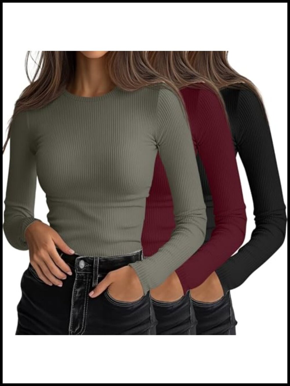Ribbed Long Sleeve Crew Neck Slim Fit Fitted Tops 3 Pack